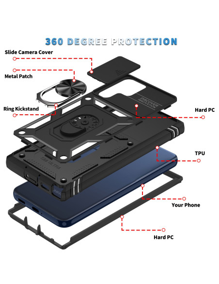 Svart hybridskal för Samsung S22 Ultra med ringhållare, visat i isärplockad vy som visar kameraskydd och kickstand