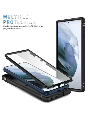Svart hybridskal för Samsung S22 Ultra med ringhållare, visat i lager med transparent framsida och baksidan i fokus