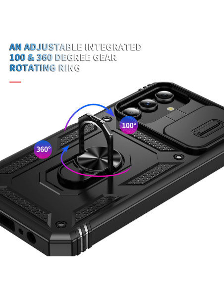 Detaljvy av ringhållaren på Samsung S24 hybridskal, visar roterande funktion och kameraskydd