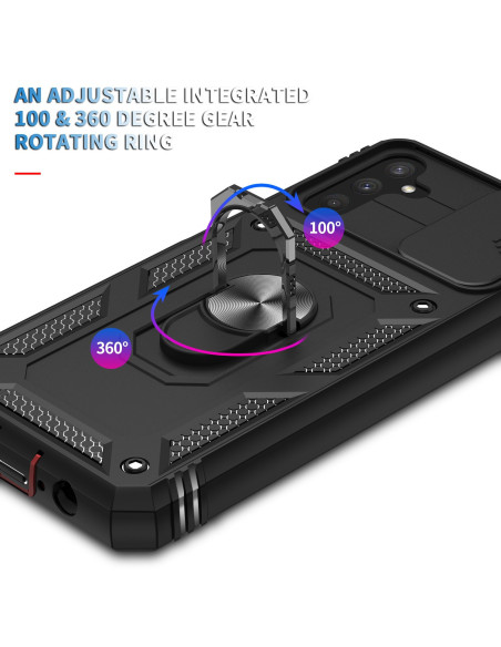 Detaljvy av svart Samsung A13 4G hybridskal med ringhållare, som visar justerbar roterande funktion