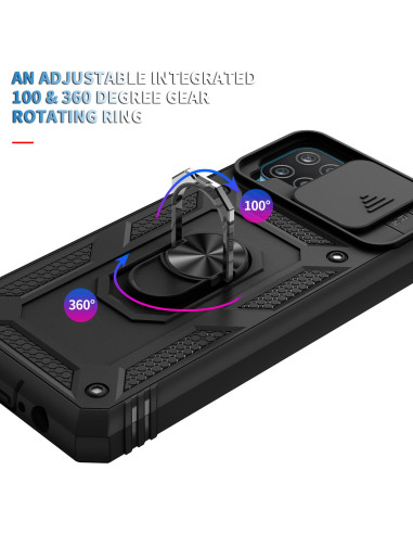 Svart Samsung A22 5G hybridskal med ringhållare, visat från ovan med fokus på roterande funktion