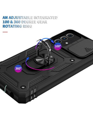 Närbild på svart hybridskal för Samsung A23 som visar ringhållarens roterande funktion
