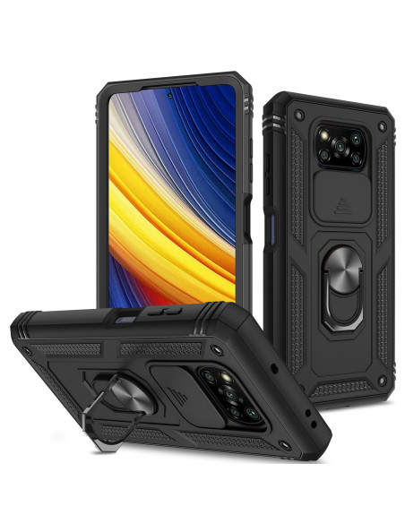 Svart hybridskal för Xiaomi Poco X3 NFC med ringhållare, visat framifrån och från sidan
