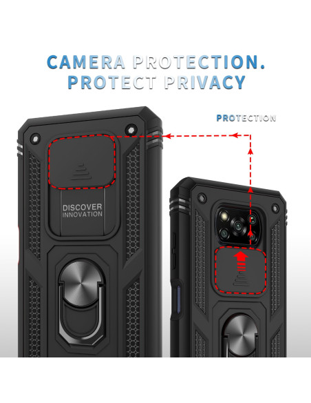 Närbild av svart hybridskal för Xiaomi Poco X3 NFC med fokus på ringhållare och kameraskydd