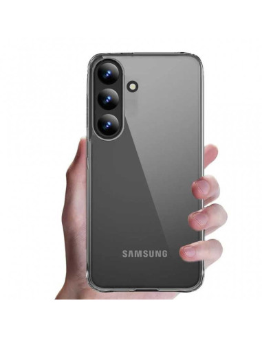 Genomskinligt skal för Samsung S23, hålls i hand med fokus på baksidan och telefonens design