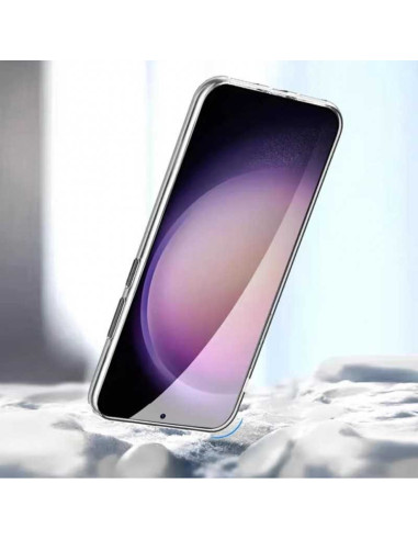 Genomskinligt skal för Samsung S23, visat i en vinkel med fokus på skärmens design och kanter