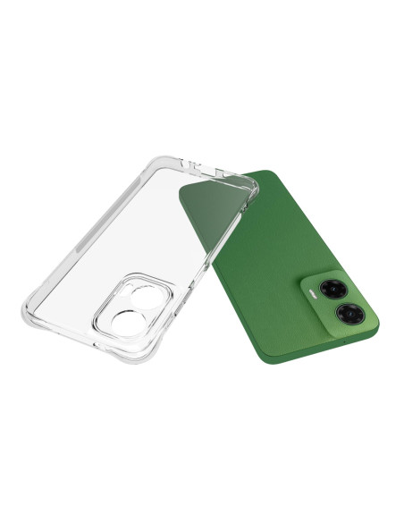 Transparent Motorola Moto G35 skal, visat från sidan med telefonens baksida i grön färg