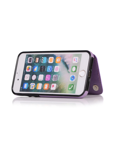 Lila flip-skal för iPhone 7/8/SE 2020/2022, stående med skärmen synlig och flippen stängd