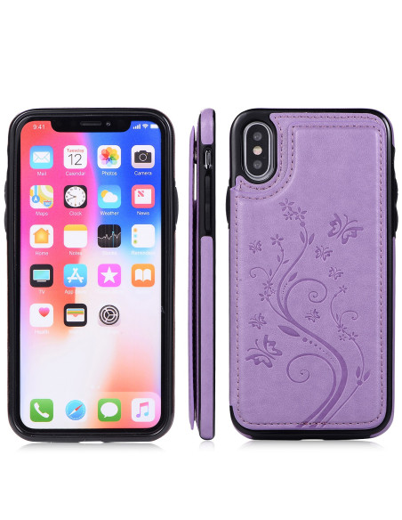 Lila flip-skal med blommönster för iPhone X/XS, visat från sidan och framifrån