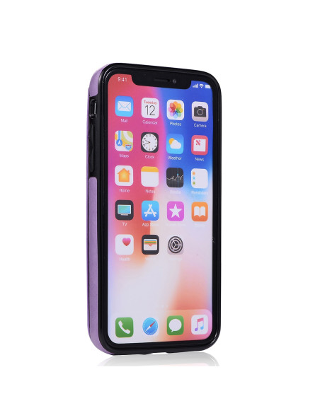 Lila stöttåligt skal för iPhone X/XS med kortfack, sett från sidan med telefonens skärm synlig