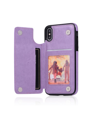Lila flip-skal för iPhone X/XS med öppet fack som visar en bild och kort, sett inifrån