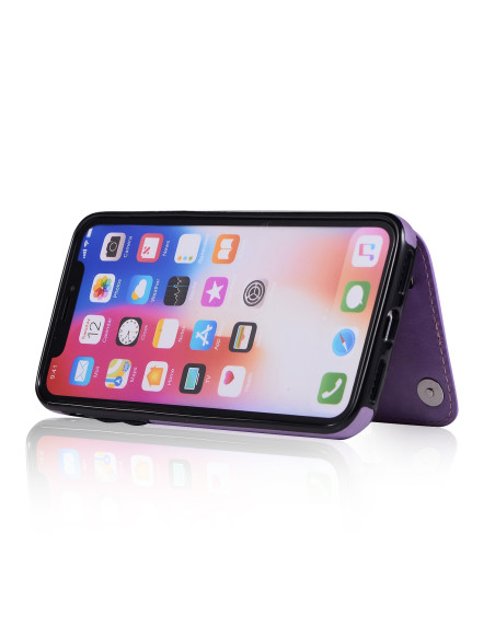 Lila flip-skal för iPhone X/XS med telefonen lutad, visande skärmen och appikoner