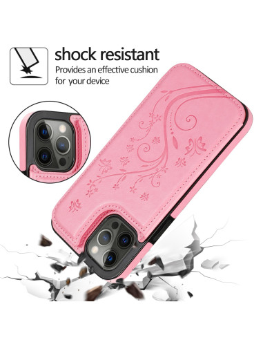 Lila iPhone 14 Pro Max skal med korthållare, detaljvy av stöttålig design och blommönster
