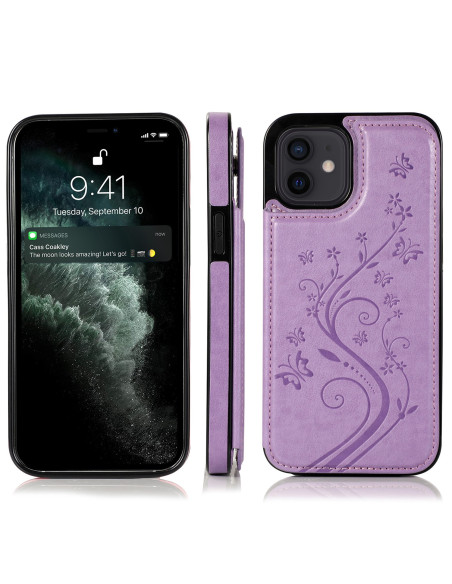 Lila skal med korthållare för iPhone 12 Mini, visad framifrån med telefon och mönster