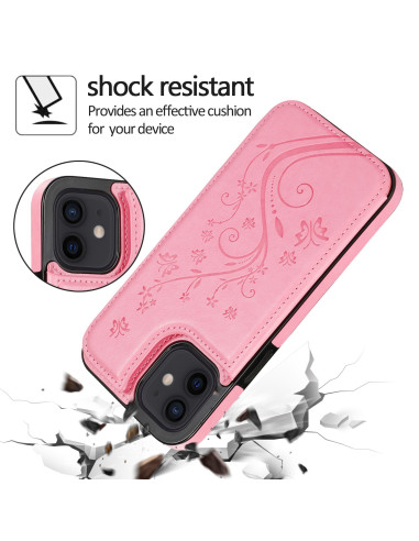 Lila stöttåligt skal för iPhone 12 Mini, närbild av mönster och stängd korthållare