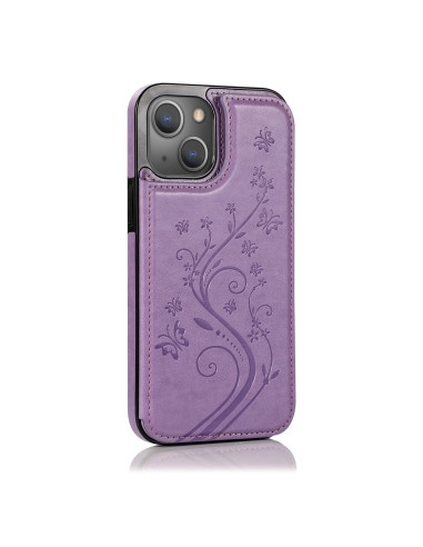Lila iPhone 13 Mini skal med blommönster, sett från sidan med korthållare