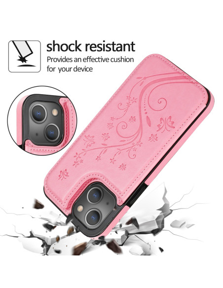 Lila flipfodral för iPhone 13 Mini med blommönster, visad i detalj med fokus på korthållaren