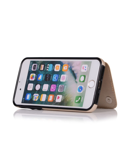 Guld stöttåligt skal med korthållare, visat från sidan med iPhone 8 i liggande läge och öppen flap