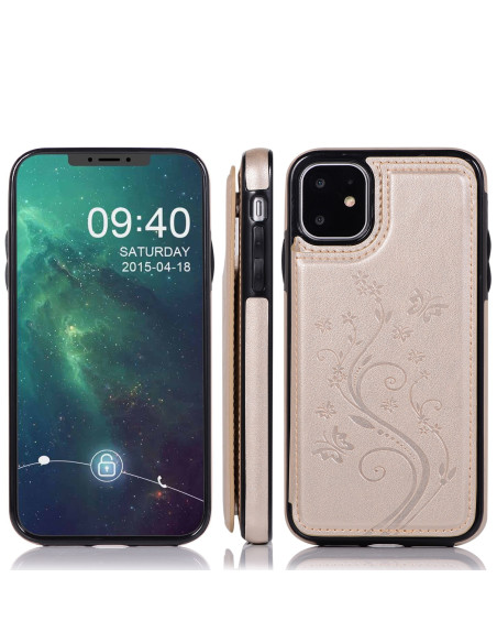 iPhone 11 skal i guld med korthållare, visad framifrån med telefon i fodralet
