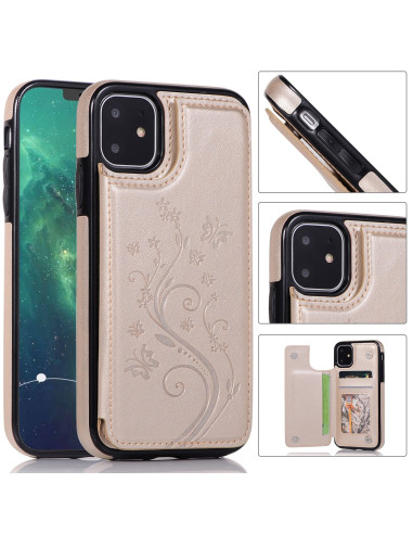 iPhone 11 skal i guld med korthållare, detaljvy av sidan med knappar och mönster