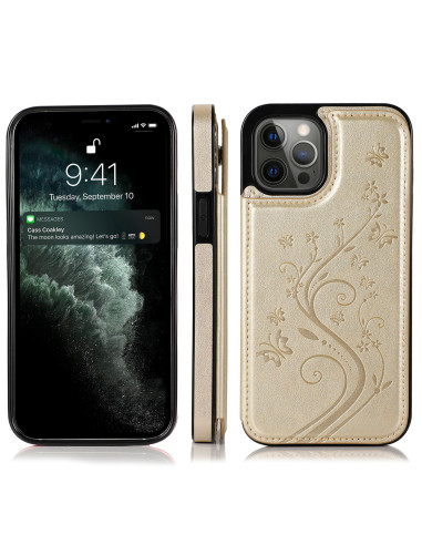 Guld plånboksfodral för iPhone 13 Pro Max med korthållare, sett från sidan med telefon i