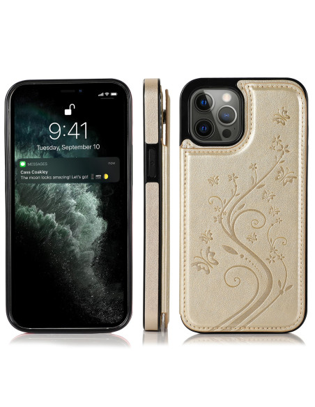Guld plånboksfodral för iPhone 13 Pro Max med korthållare, sett från sidan med telefon i