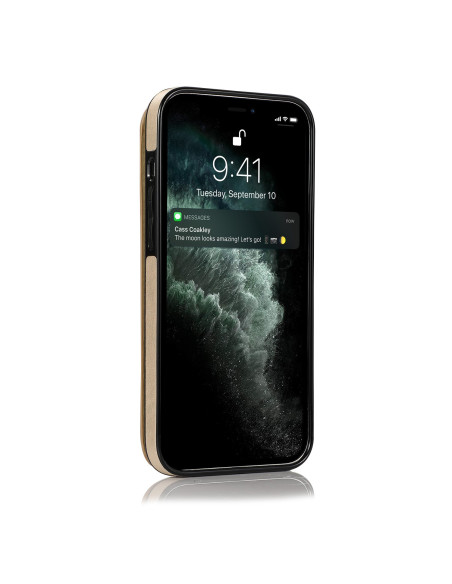 iPhone 13 Pro Max i guld plånboksfodral, visande skärm och notifieringar från sidan