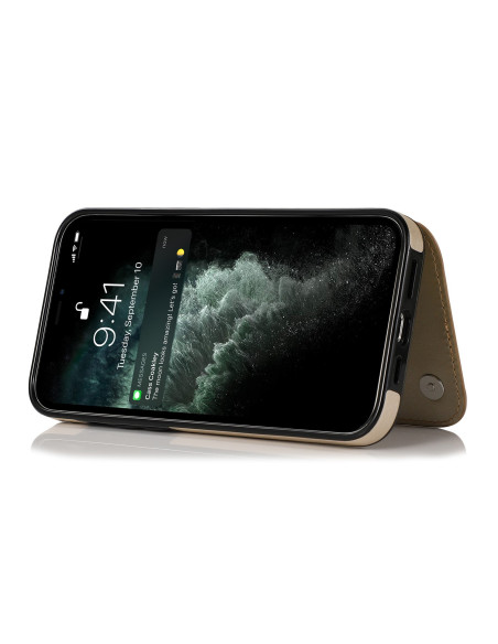 Guld plånboksfodral för iPhone 13 Pro Max, öppet med skärmen synlig och notifieringar