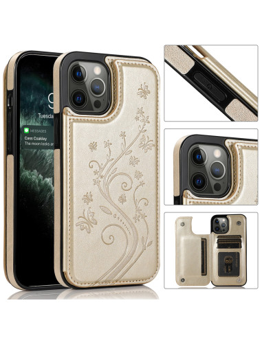 Guld plånboksfodral för iPhone 13 Pro Max, detaljvy av blommönster och korthållare inuti