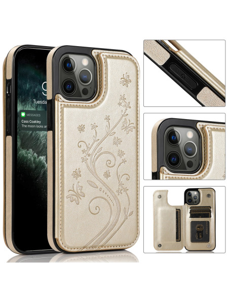 Guld plånboksfodral för iPhone 13 Pro Max, detaljvy av blommönster och korthållare inuti