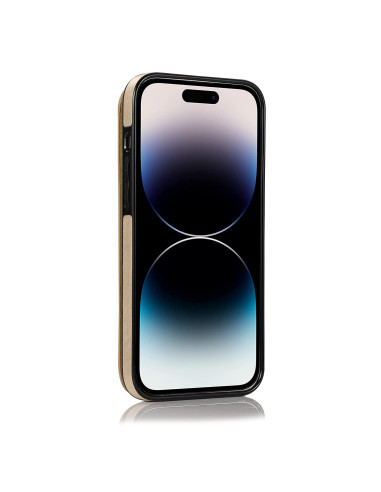 Guld skal för iPhone 14 Pro Max med tre korthållare, visat från sidan med skärmen synlig