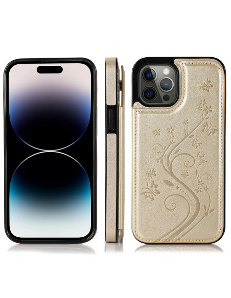 Guldflippskal för iPhone 15 Pro Max med tre kortfack, sett från sidan med telefon insatt
