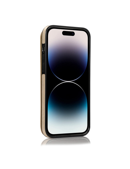 Guldflippskal för iPhone 15 Pro Max med tre kortfack, sett framifrån med skärmen i fokus