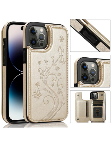 Guldflippskal för iPhone 15 Pro Max med tre kortfack, detaljvy av framsidan med telefon insatt