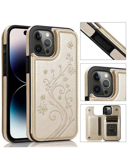 Guldflippskal för iPhone 15 Pro Max med tre kortfack, detaljvy av framsidan med telefon insatt