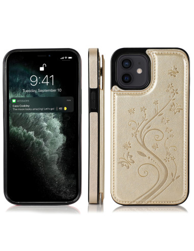 Guld skal för iPhone 12 Mini med korthållare, visad framifrån med telefon i skalet