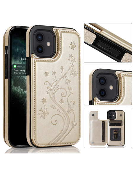Guld skal för iPhone 12 Mini med blommönster, visad från sidan med öppet korthållarfack