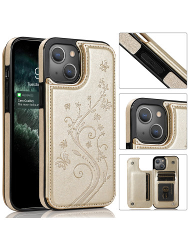 Guldskal för iPhone 13 Mini med korthållare, visad med öppet fodral och detaljerad design