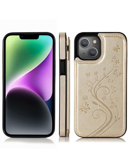iPhone 14 skal i guld med korthållare, visat från sidan med detaljerad design