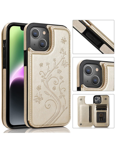 Guld flip skal för iPhone 14 med blommönster, sett från sidan med öppet korthållarfack