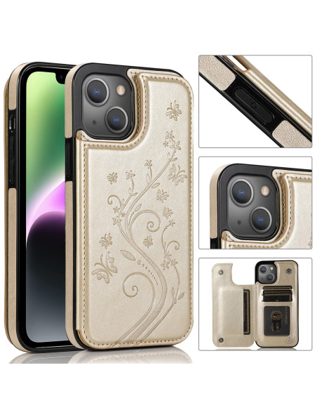 Guld flip skal för iPhone 14 med blommönster, sett från sidan med öppet korthållarfack