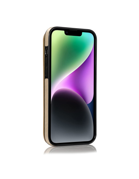 iPhone 15 skal i guld med korthållare, visat framifrån med fokus på flip-funktionen