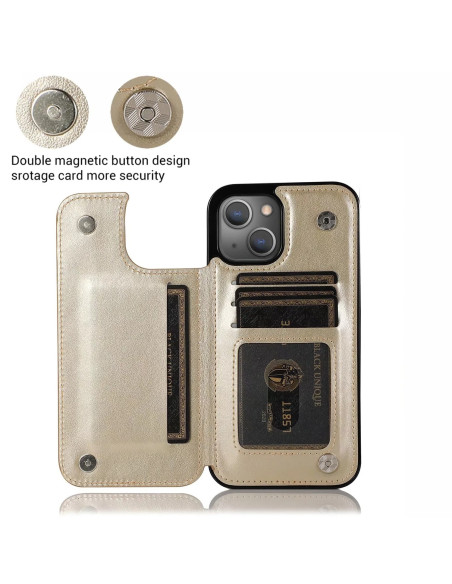 Guld skal för iPhone 15 med öppet lock som visar tre kortfack, sett inifrån