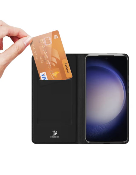 Svart mobilskal för Samsung S24 FE med öppet kortfack och telefon synlig