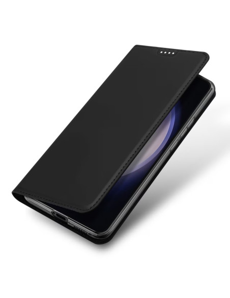 Svart mobilskal för Samsung S24 FE, sett snett framifrån med öppet fodral och telefon delvis synlig