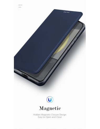 Blått Dux Ducis Skin Pro fodral för Samsung S24 FE, sett uppifrån med öppet lock och telefon synlig