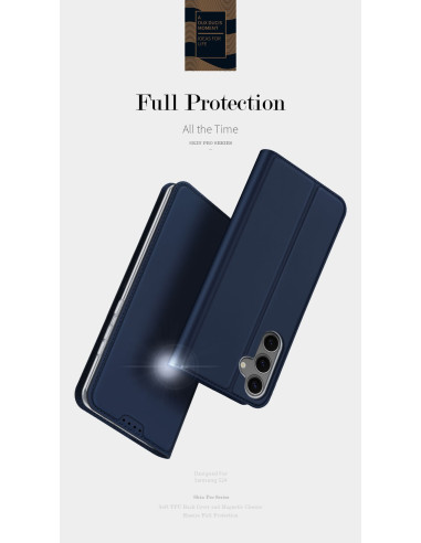 Blått Dux Ducis Skin Pro fodral för Samsung S24 FE, sett framifrån med stängd design och magnetisk stängning