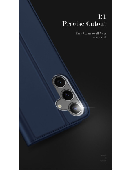 Närbild av blått Dux Ducis Skin Pro fodral för Samsung S24 FE med exakt utskärning för knappar och portar