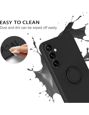 Svart stöttåligt skal för Samsung S24 FE med ringhållare, närbild av rengöring med en trasa