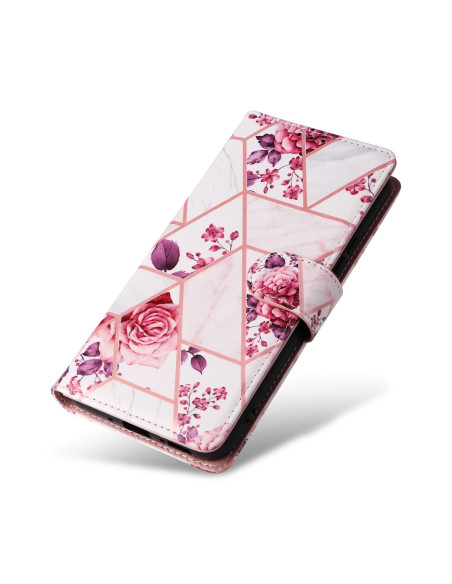 Rosa plånboksfodral med blommönster för Samsung S24 FE, sett framifrån och stängt